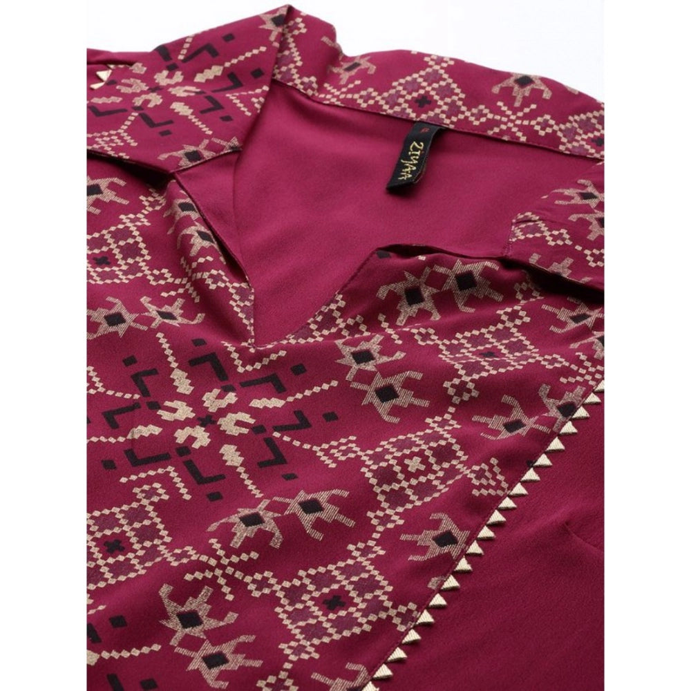 Women's Casual 3-4Th Sleeve Geometric Crepe Kurti and Pant Set (Maroon) - GillKart