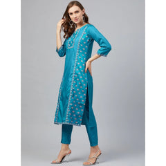 Women's Casual 3-4Th Sleeve Floral Printed Poly Silk Kurti and Pant Set (Blue) - GillKart