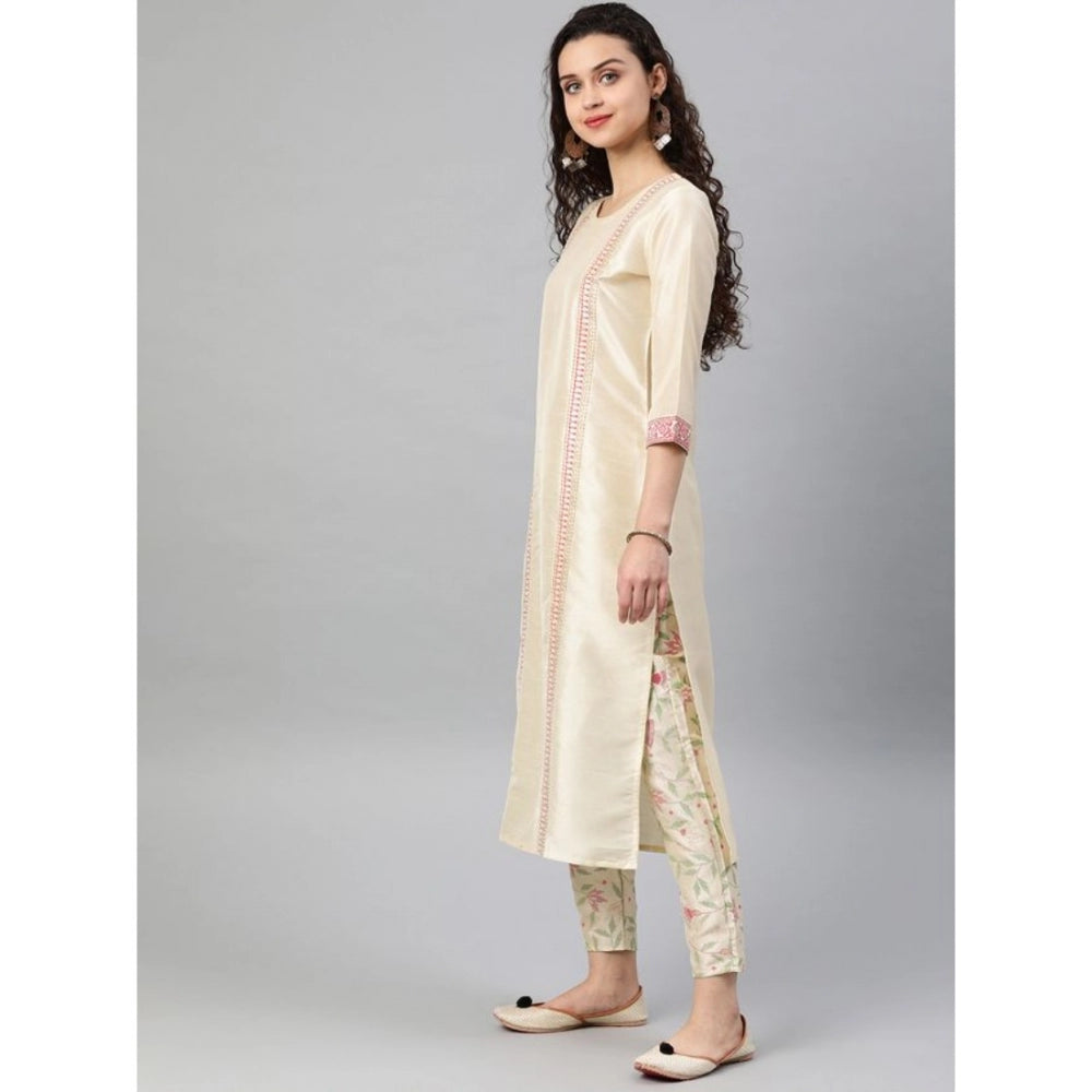 Women's Casual 3-4Th Sleeve Geometric Poly Silk Kurti and Pant Set (Cream) - GillKart