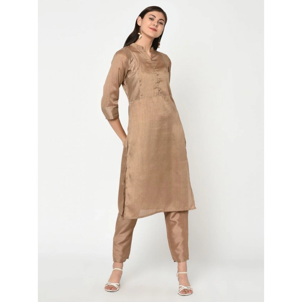 Women's Casual 3-4Th Sleeve Solid Poly Silk Kurti and Pant Set (Brown) - GillKart