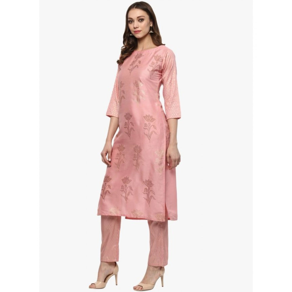 Women's Casual 3-4Th Sleeve Floral Printed Poly Silk Kurti and Pant Set (Pink) - GillKart