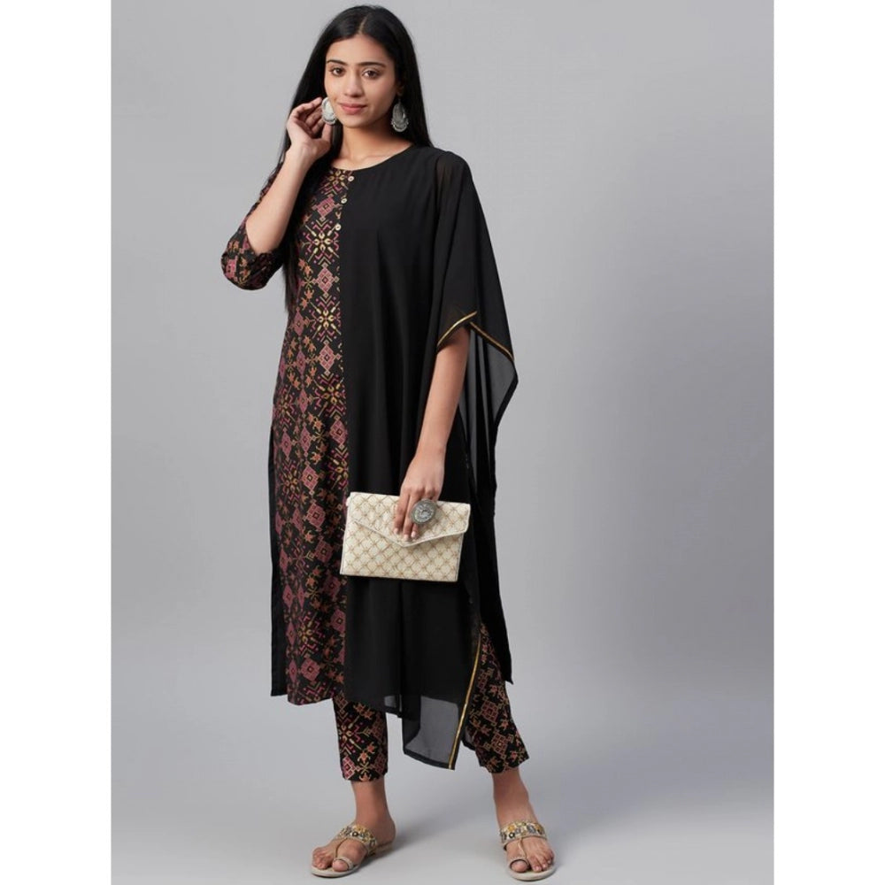 Women's Casual Half Sleeve Ethnic Motifs Georgette &amp; Crepe Kurti and Pant Set (Black) - GillKart