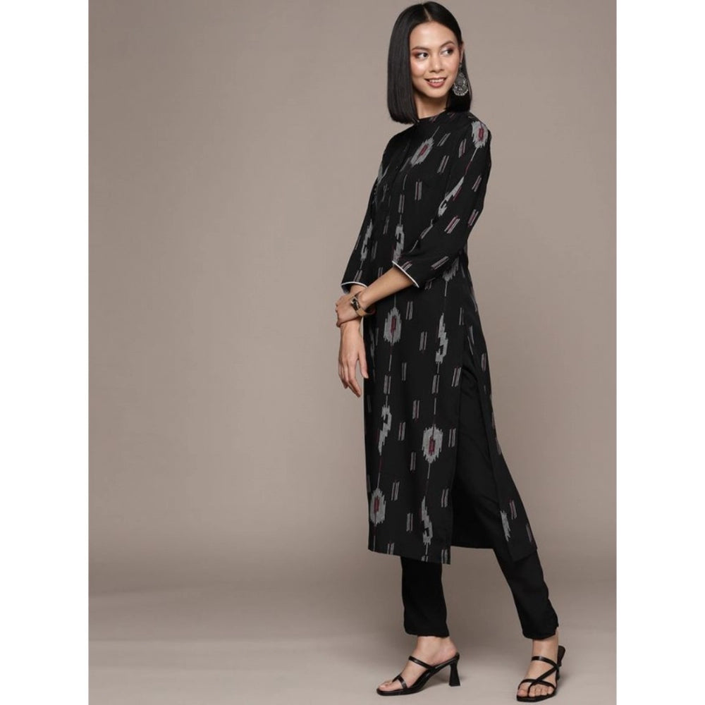 Women's Casual 3-4Th Sleeve Ikkat Crepe Kurti And Pant Set (Black) - GillKart