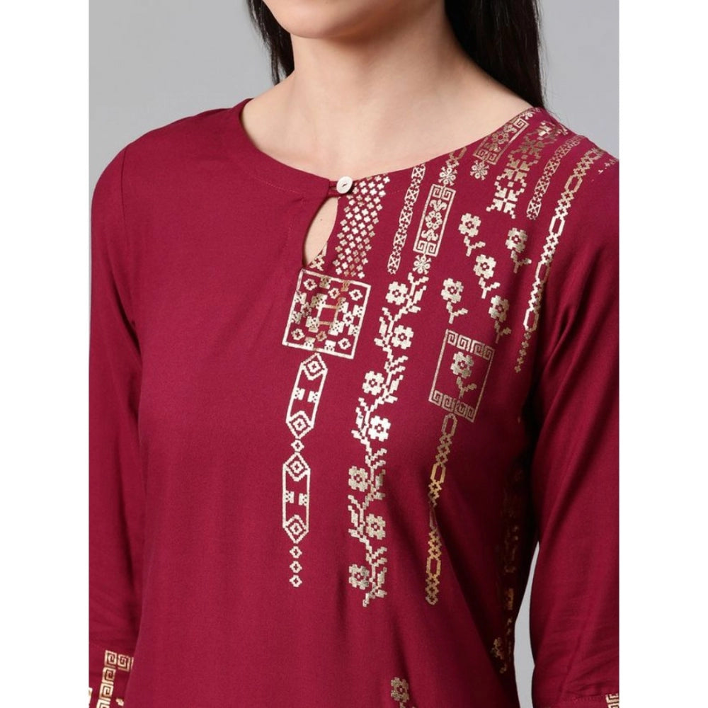 Women's Casual 3-4Th Sleeve Floral Printed Rayon Kurti And Pant Set (Maroon) - GillKart