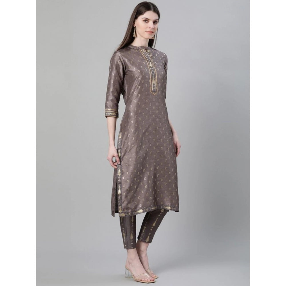 Women's Casual 3-4Th Sleeve Ethnic Motifs Poly Silk Kurti And Pant Set (Grey) - GillKart