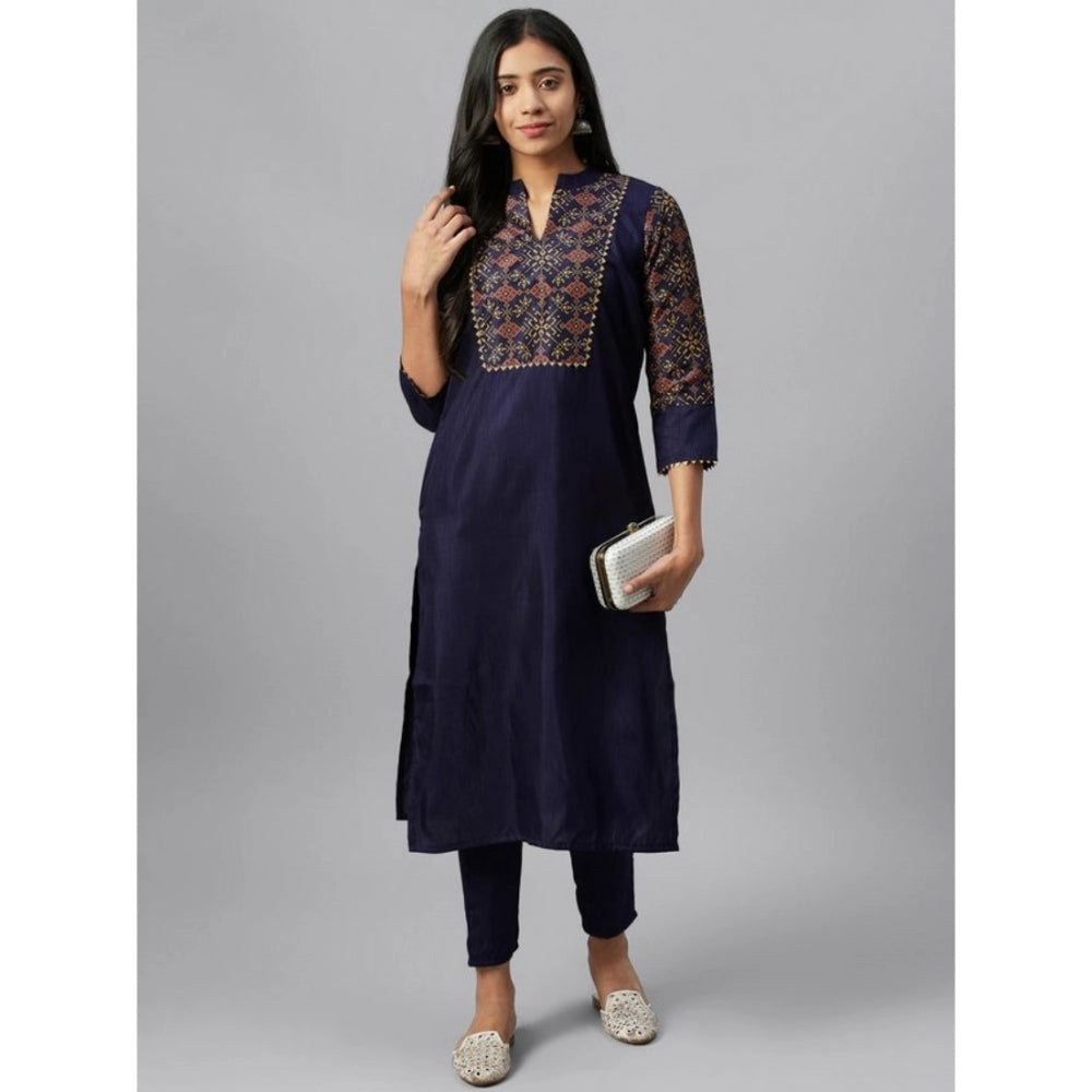 Women's Casual 3-4Th Sleeve Ethnic Motifs Poly Silk Kurti and Pant Set (Blue) - GillKart