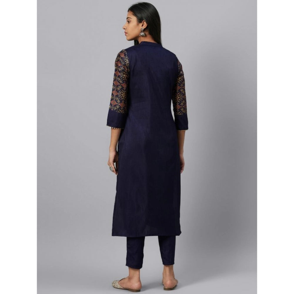 Women's Casual 3-4Th Sleeve Ethnic Motifs Poly Silk Kurti and Pant Set (Blue) - GillKart