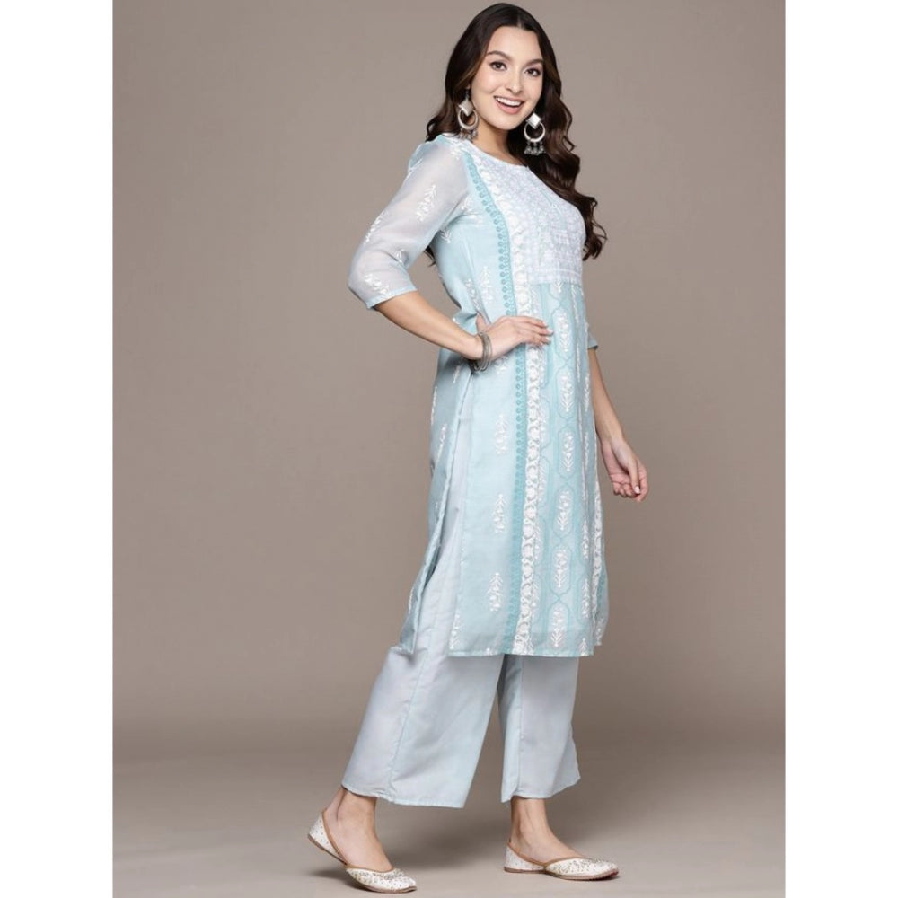 Women's Casual 3-4Th Sleeve Floral Printed Chanderi Cotton Kurti Palazzo And Dupatta Set (Blue) - GillKart