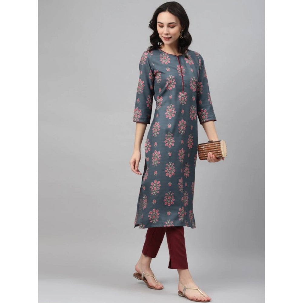 Women's Casual 3-4Th Sleeve Floral Printed Rayon Kurti And Pant Set (Grey) - GillKart