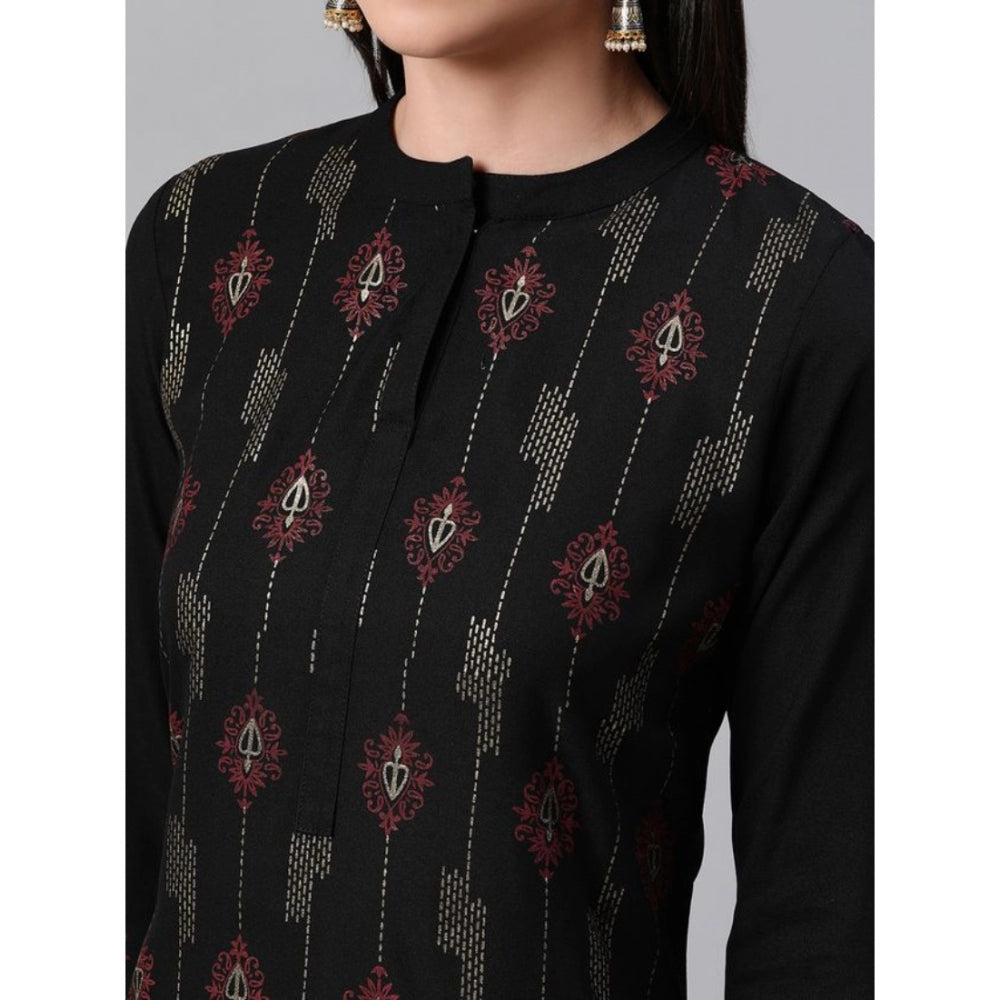 Women's Casual 3-4Th Sleeve Ethnic Motifs Rayon Kurti And Pant Set (Black) - GillKart