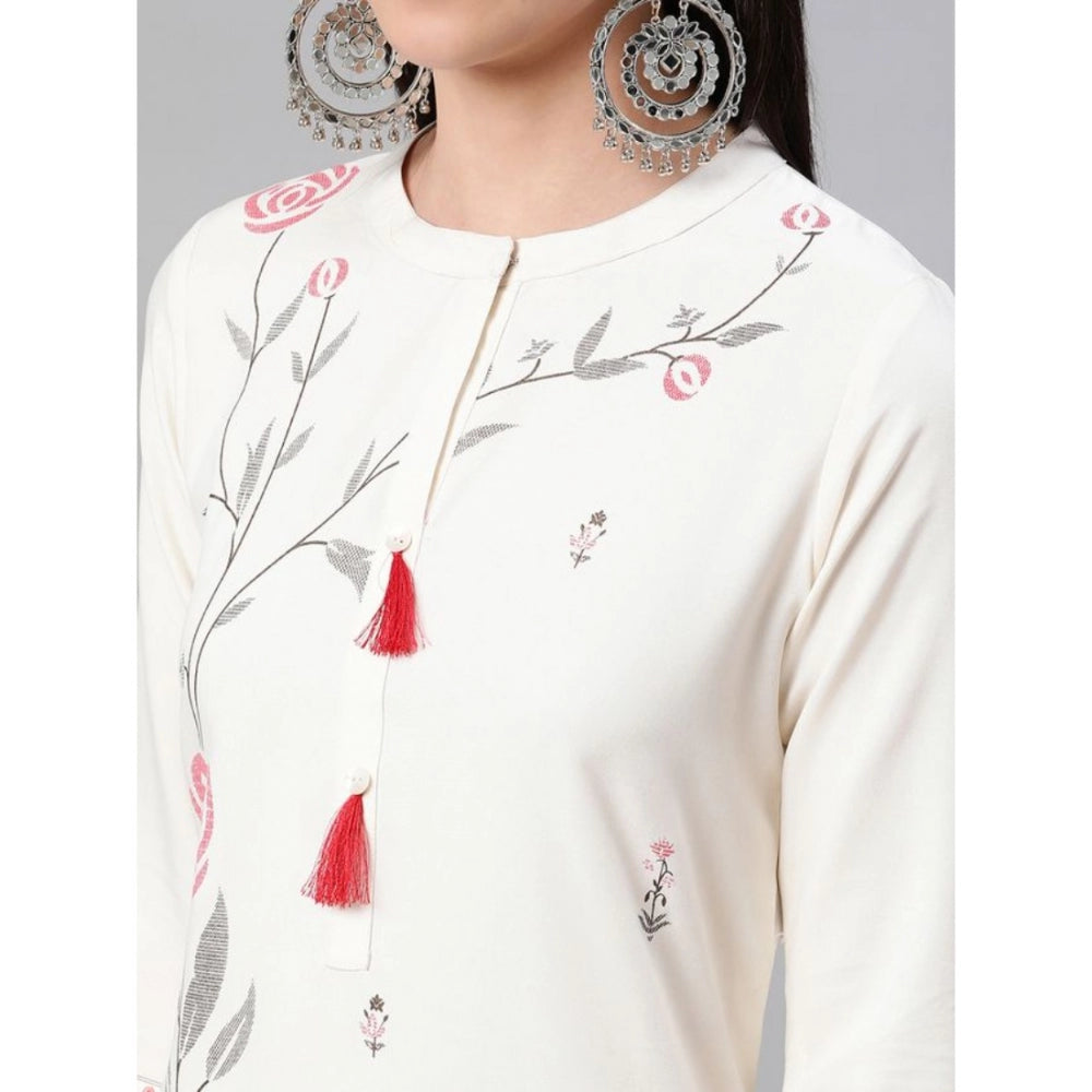 Women's Casual 3-4Th Sleeve Floral Printed Rayon Kurti And Pant Set (Cream) - GillKart