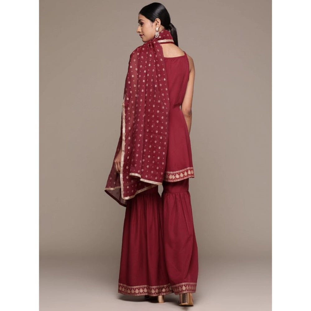 Women's Casual Sleeveless Ethnic Motifs Crepe Kurti Sharara And Dupatta Set (Maroon) - GillKart