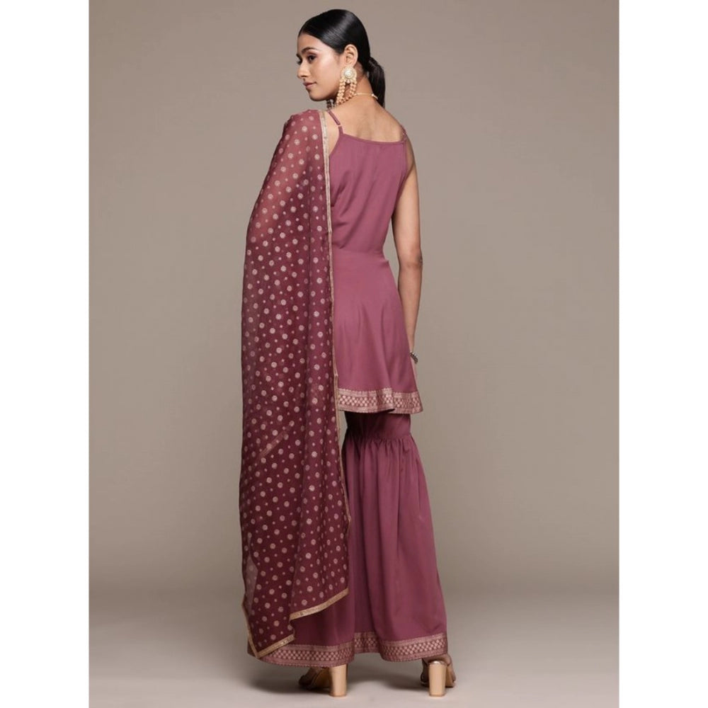 Women's Casual Sleeveless Ethnic Motifs Crepe Kurti Sharara And Dupatta Set (Brown) - GillKart