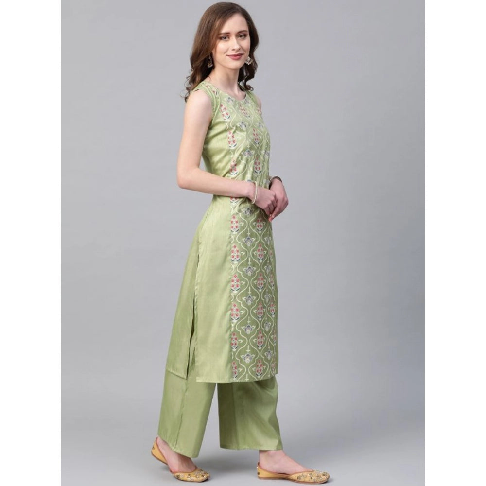 Women's Casual Sleeveless Floral Printed Poly Silk Kurti and Palazzo Set (Green) - GillKart