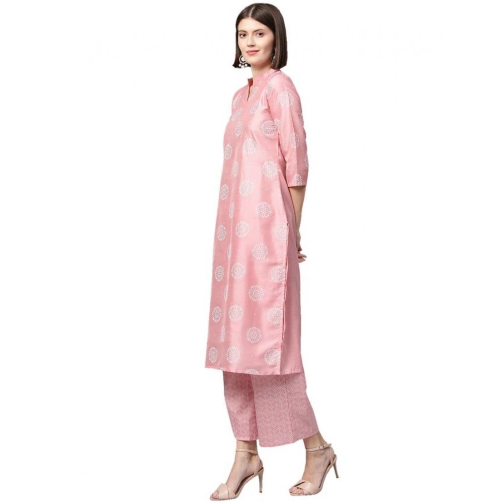 Women's Casual 3-4Th Sleeve Floral Printed Poly Silk Kurti And Palazzo Set (Pink) - GillKart