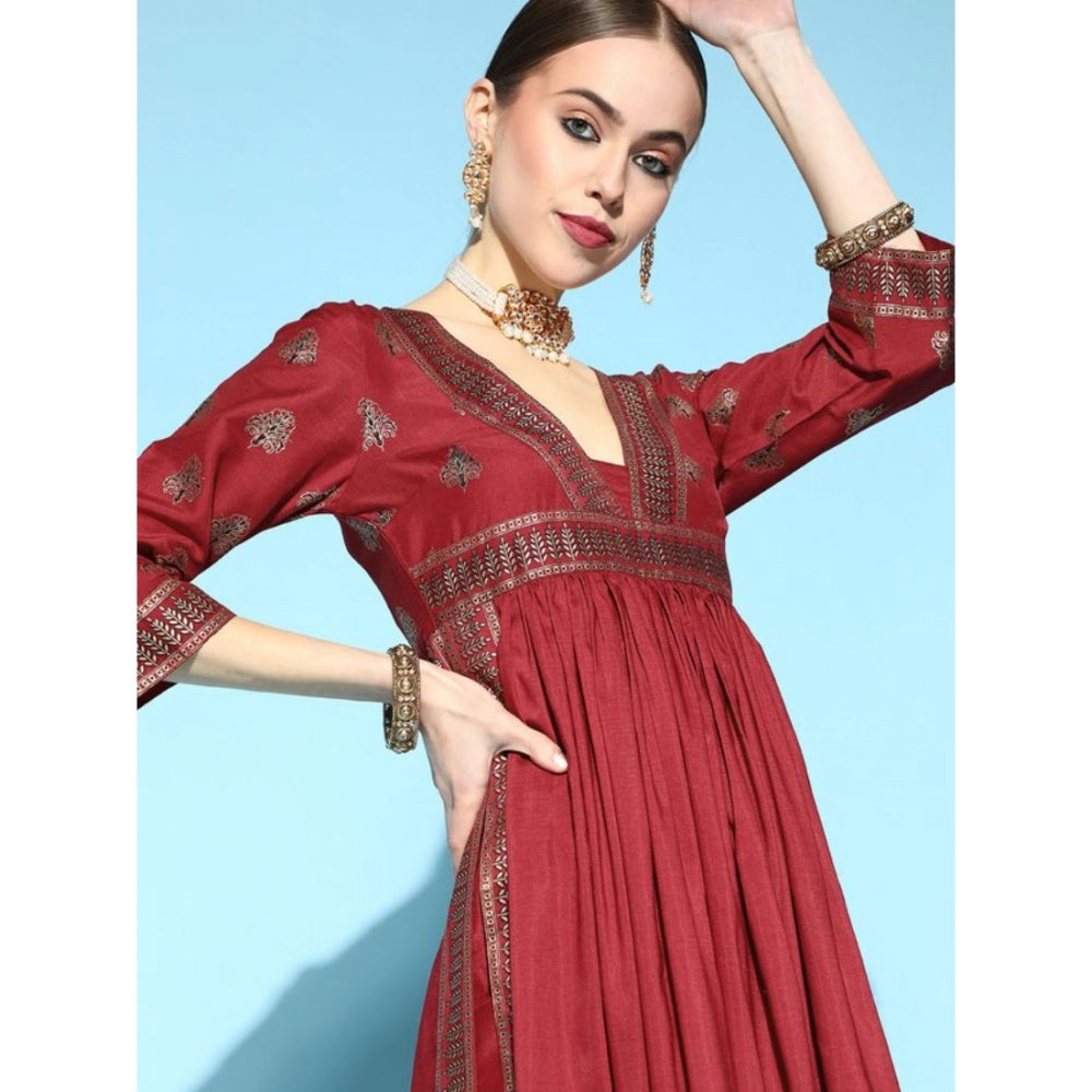 Women's Casual 3-4Th Sleeve Floral Printed Chinon Kurti And Pant Set (Maroon) - GillKart