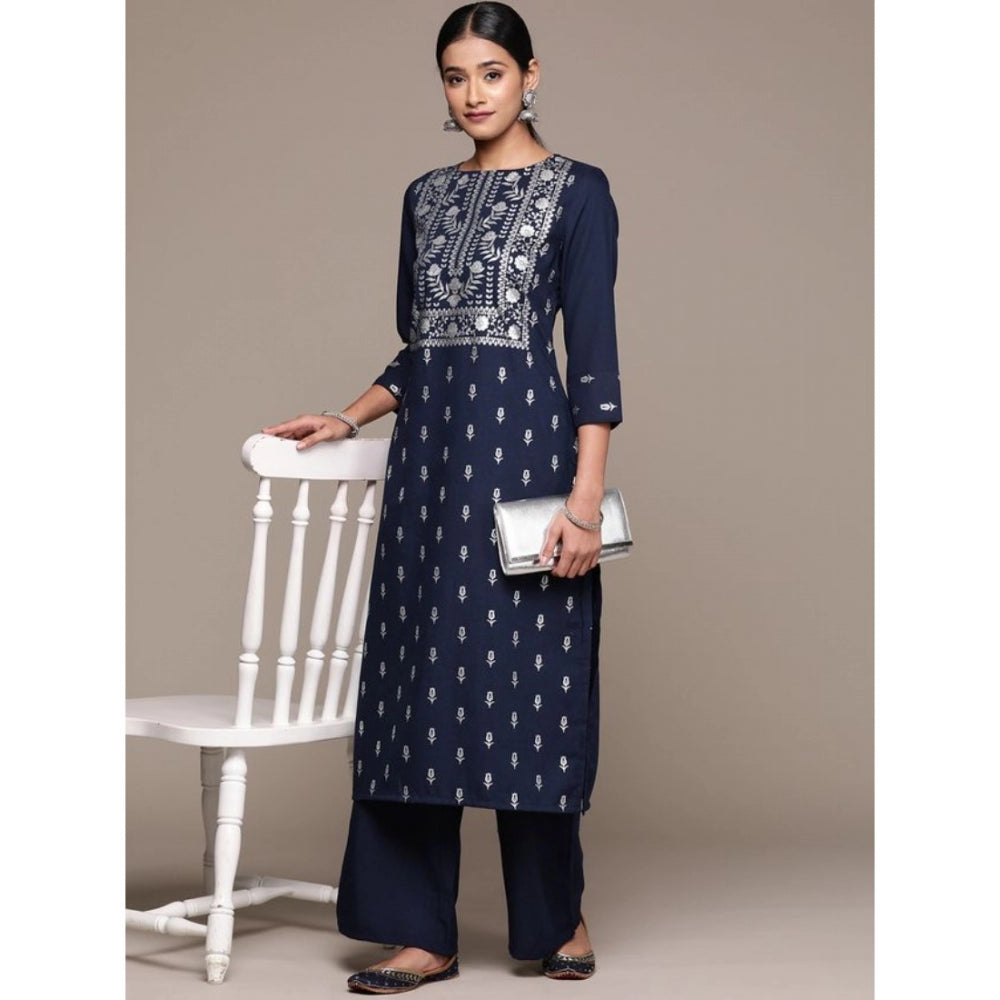 Women's Casual 3-4Th Sleeve Floral Printed Rayon Kurti and Palazzo Set (Navy Blue) - GillKart