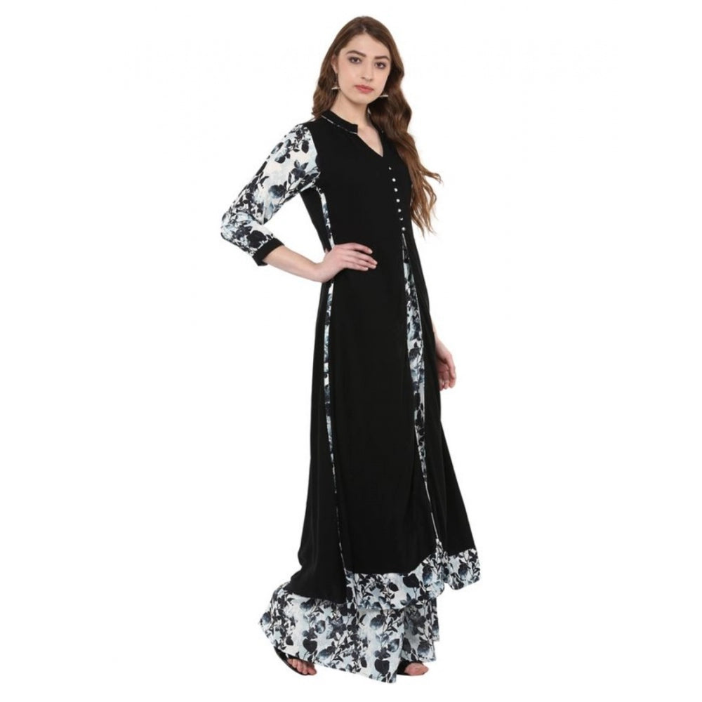 Women's Casual 3-4Th Sleeve Floral Printed Rayon Kurti and Palazzo Set (Black) - GillKart