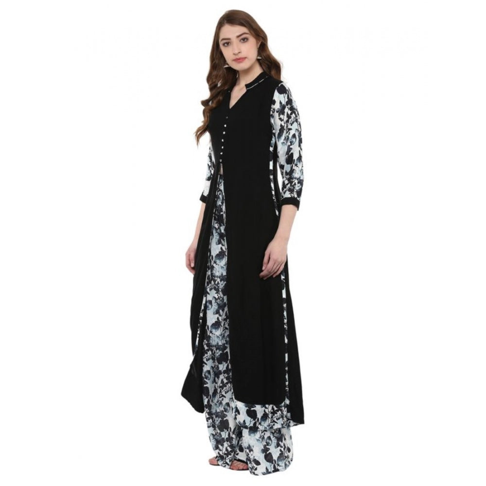 Women's Casual 3-4Th Sleeve Floral Printed Rayon Kurti and Palazzo Set (Black) - GillKart