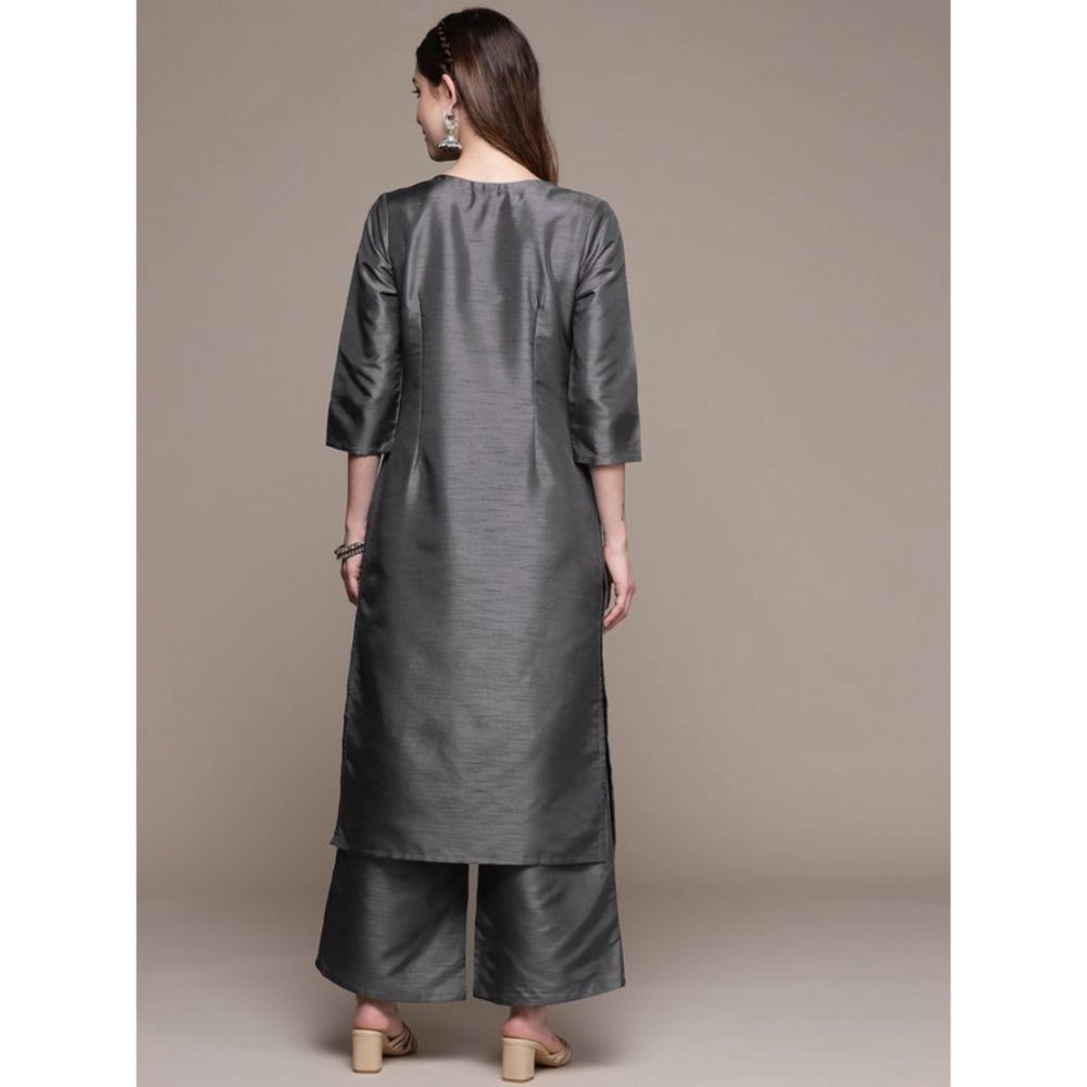 Women's Casual 3-4Th Sleeve Ethnic Motifs Poly Silk Kurti And Palazzo Set (Dark Grey) - GillKart