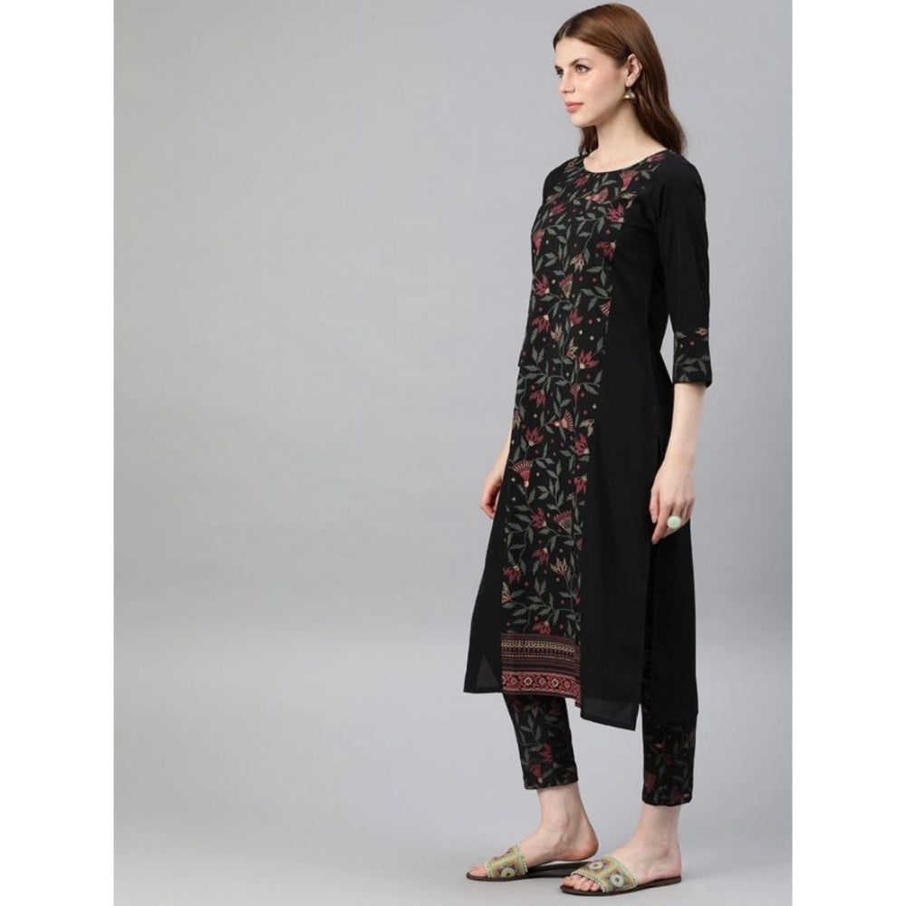 Women's Casual 3-4Th Sleeve Floral Printed Crepe Kurti and Pant Set (Black) - GillKart