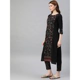 Women's Casual 3-4Th Sleeve Floral Printed Crepe Kurti and Pant Set (Black) - GillKart