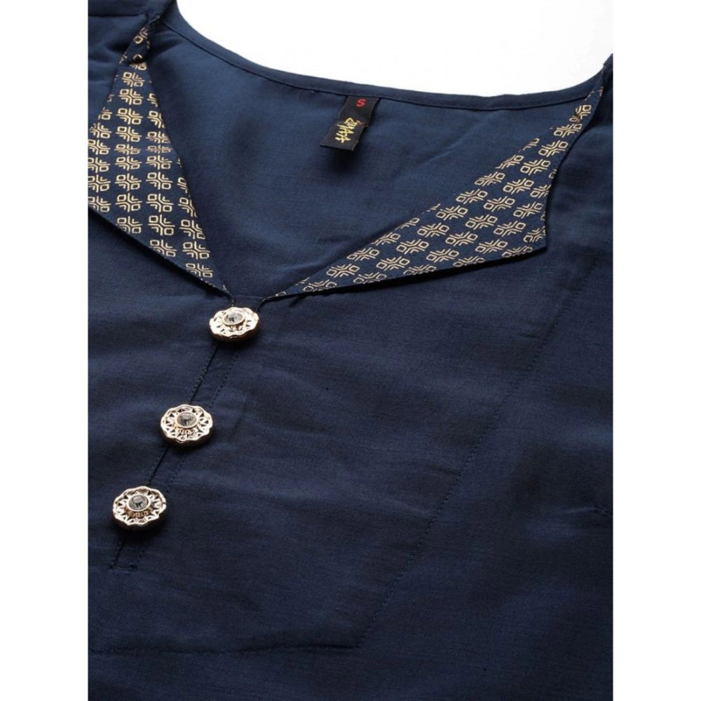 Women's Casual Half Sleeve Solid Chinon Kurti and Pant Set (Navy Blue) - GillKart