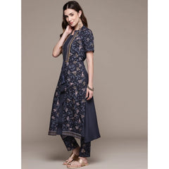 Women's Casual Half Sleeve Ethnic Motifs Crepe Kurti and Pant Set (Navy Blue) - GillKart