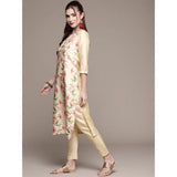 Women's Casual 3-4Th Sleeve Floral Printed Poly Silk Kurti and Pant Set (Cream) - GillKart