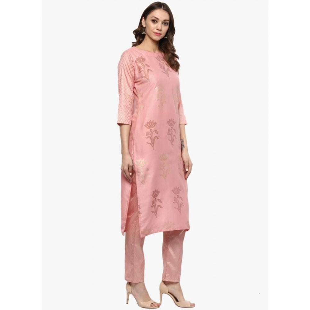 Women's Casual 3-4Th Sleeve Floral Printed Poly Silk Kurti and Pant Set (Pink) - GillKart