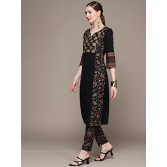 Women's Casual 3-4Th Sleeve Ethnic Motifs Crepe Kurti And Pant Set (Black) - GillKart