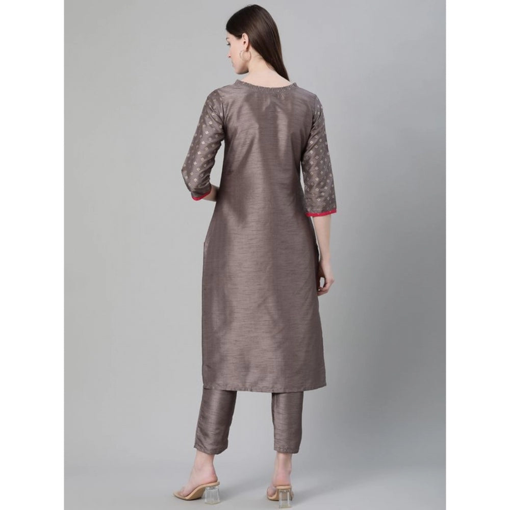 Women's Casual 3-4Th Sleeve Ethnic Motifs Poly Silk Kurti And Pant Set (Grey) - GillKart