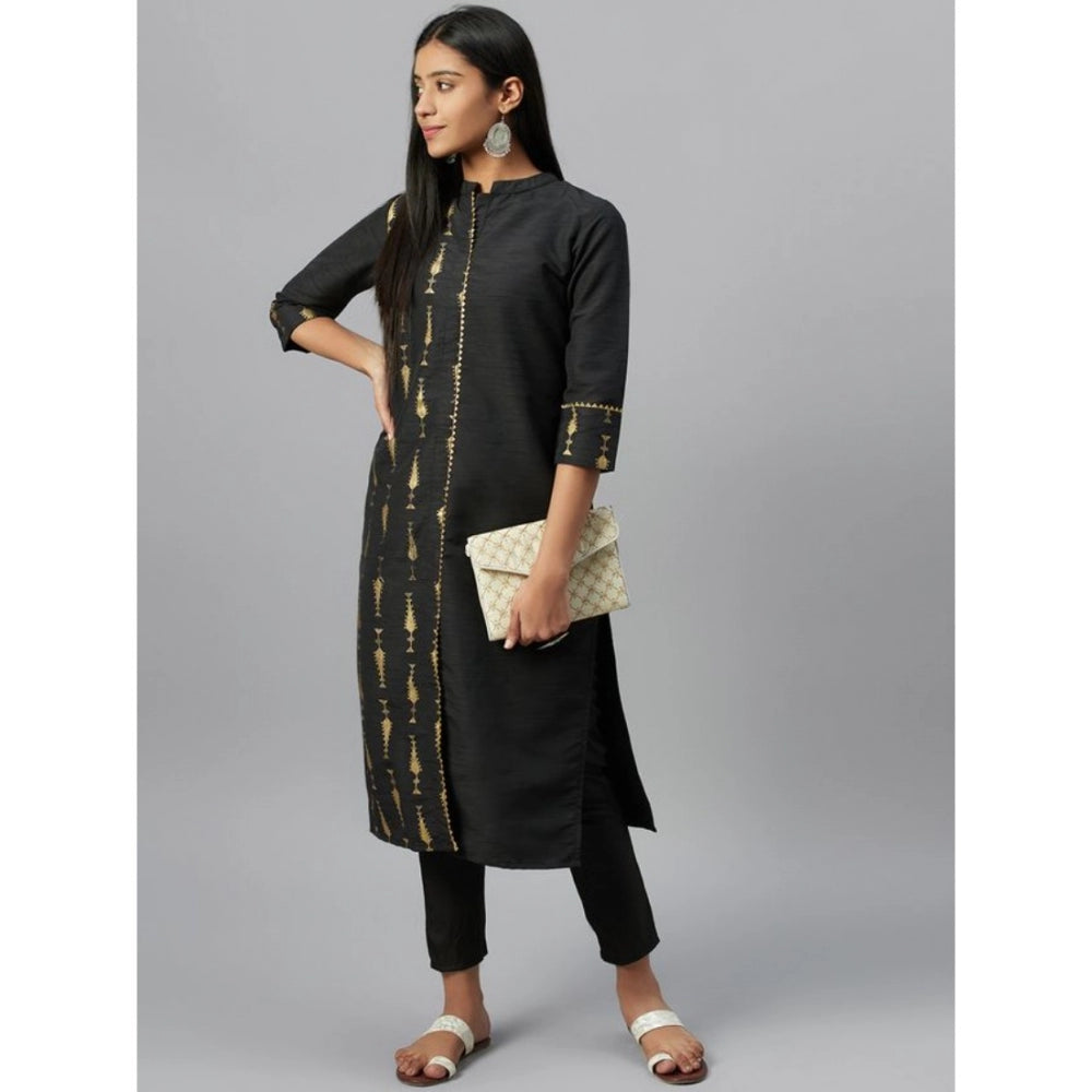 Women's Casual 3-4Th Sleeve Ethnic Motifs Poly Silk Kurti and Pant Set (Black) - GillKart