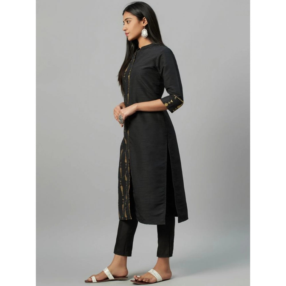 Women's Casual 3-4Th Sleeve Ethnic Motifs Poly Silk Kurti and Pant Set (Black) - GillKart