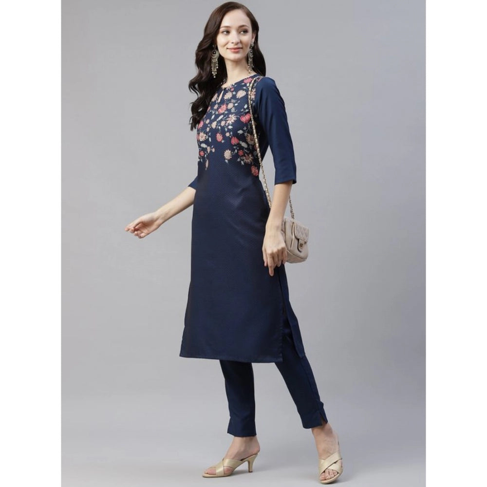 Women's Casual 3-4Th Sleeve Floral Printed Rayon Kurti And Pant Set (Navy Blue) - GillKart