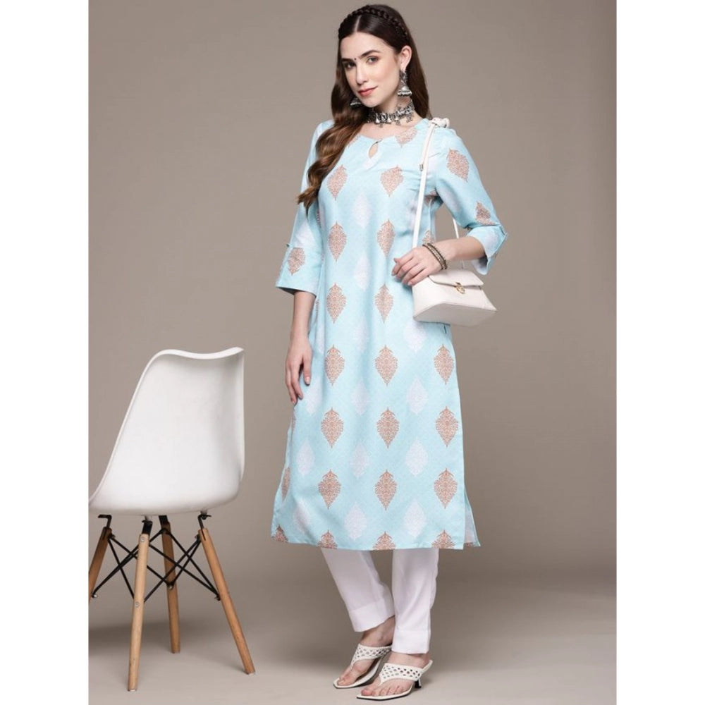 Women's Casual 3-4Th Sleeve Ethnic Motifs Rayon Kurti And Pant Set (Sky Blue) - GillKart