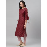 Women's Casual 3-4Th Sleeve Ethnic Motifs Rayon Kurti And Pant Set (Maroon) - GillKart