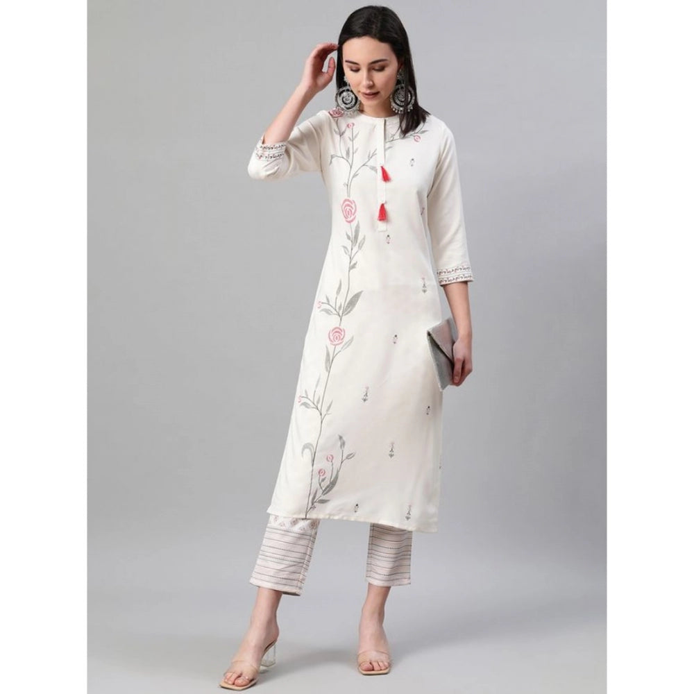 Women's Casual 3-4Th Sleeve Floral Printed Rayon Kurti And Pant Set (Cream) - GillKart