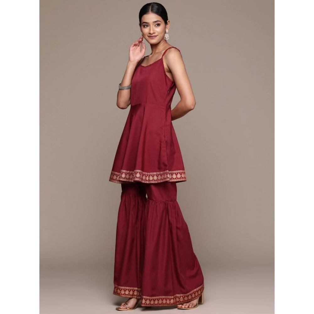 Women's Casual Sleeveless Ethnic Motifs Crepe Kurti Sharara And Dupatta Set (Maroon) - GillKart