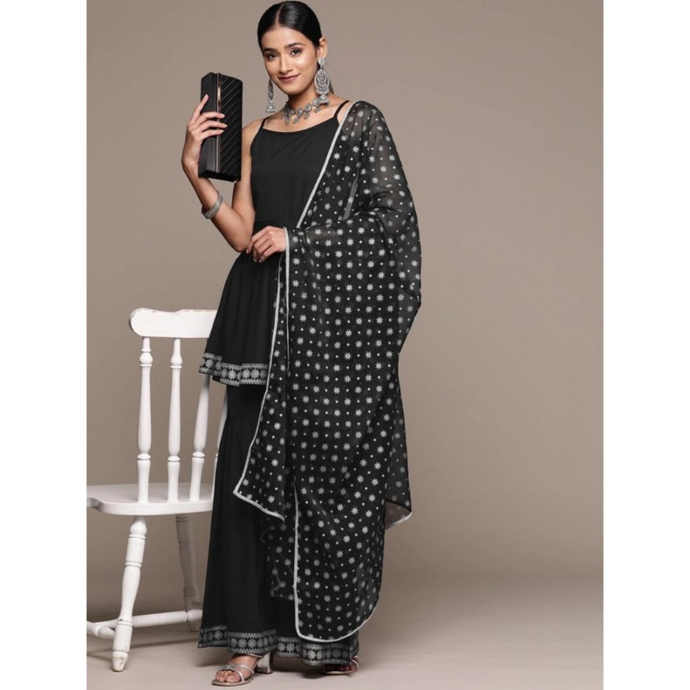 Women's Casual Sleeveless Ethnic Motifs Crepe Kurti Sharara And Dupatta Set (Black) - GillKart