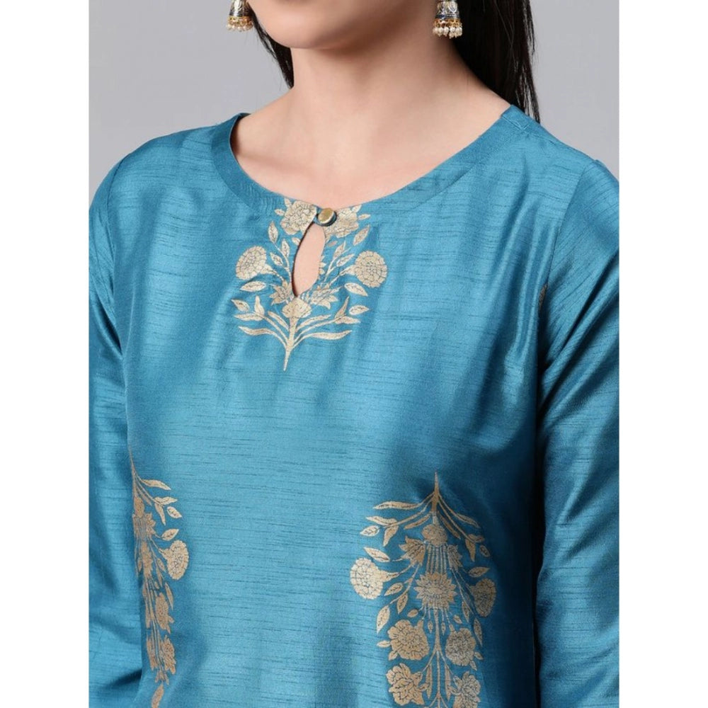 Women's Casual 3-4Th Sleeve Ethnic Motifs Poly Silk Kurti Pant And Dupatta Set (Blue) - GillKart