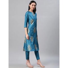 Women's Casual 3-4Th Sleeve Ethnic Motifs Poly Silk Kurti Pant And Dupatta Set (Blue) - GillKart