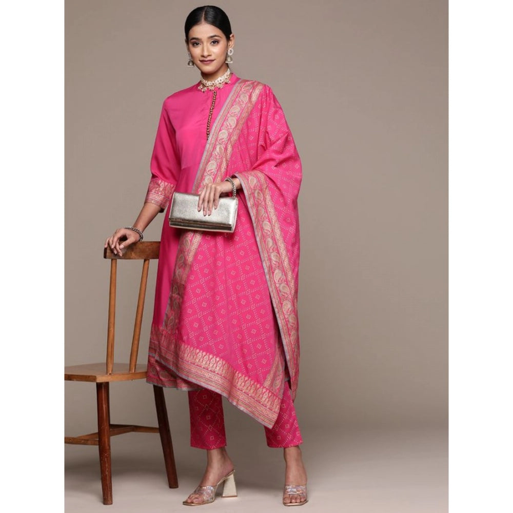 Women's Casual 3-4Th Sleeve Ethnic Motifs Crepe Kurti Pant And Dupatta Set (Pink) - GillKart