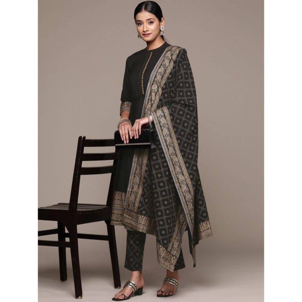 Women's Casual 3-4Th Sleeve Ethnic Motifs Crepe Kurti Pant And Dupatta Set (Black) - GillKart