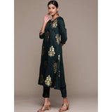 Women's Casual 3-4Th Sleeve Ethnic Motifs Chinon Kurti Pant And Dupatta Set (Bottle Green) - GillKart