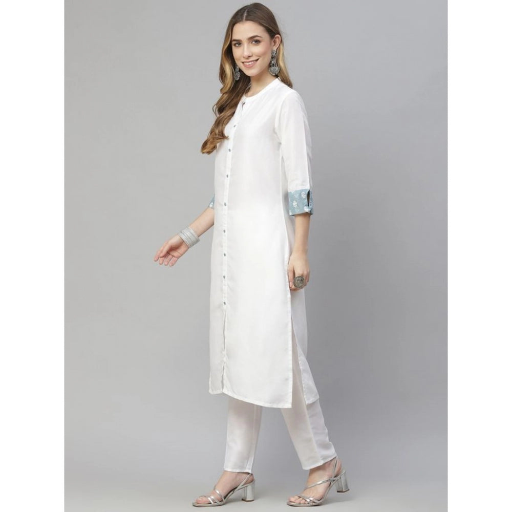 Women's Casual 3-4Th Sleeve Solid Chinon Kurti Pant And Dupatta Set (White) - GillKart