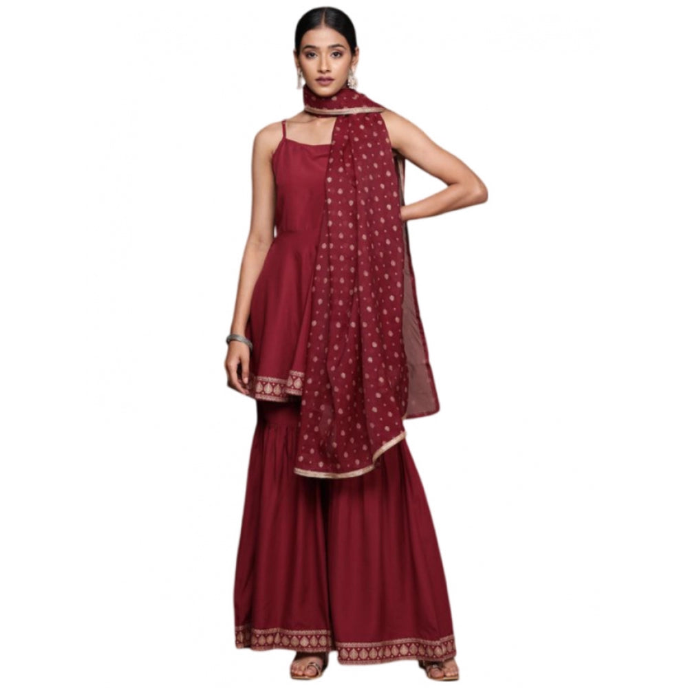 Women's Casual Sleeveless Ethnic Motifs Crepe Kurti Sharara And Dupatta Set (Maroon) - GillKart