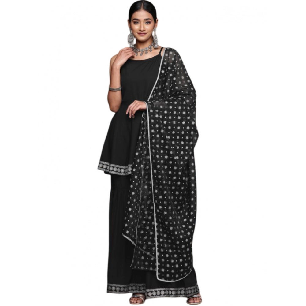 Women's Casual Sleeveless Ethnic Motifs Crepe Kurti Sharara And Dupatta Set (Black) - GillKart