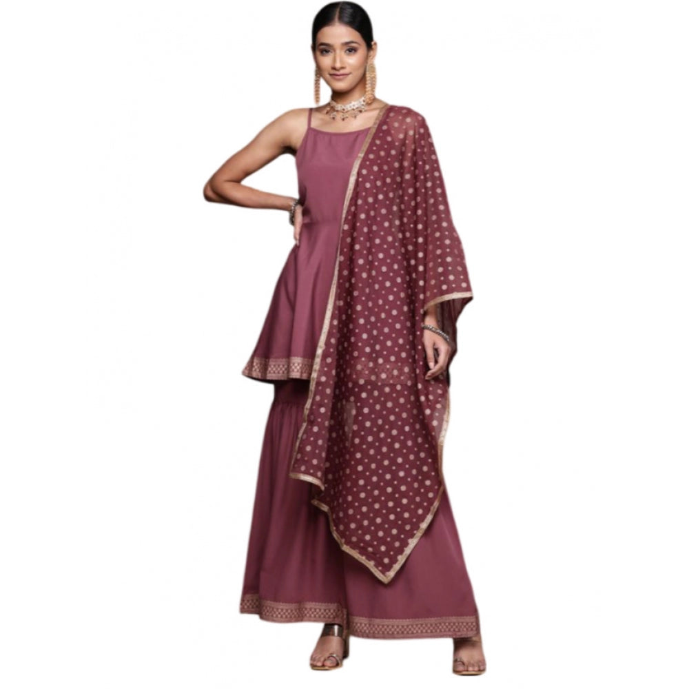 Women's Casual Sleeveless Ethnic Motifs Crepe Kurti Sharara And Dupatta Set (Brown) - GillKart