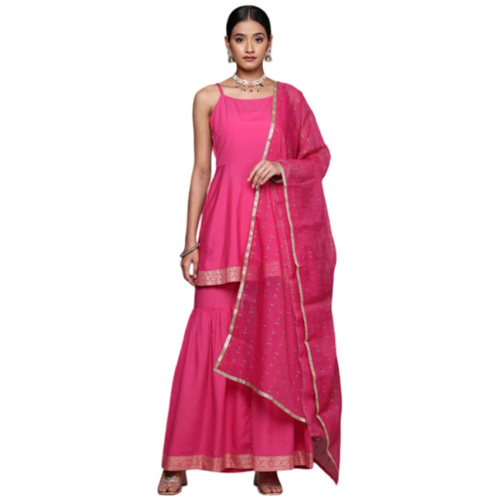 Women's Casual Sleeveless Ethnic Motifs Crepe Kurti Sharara And Dupatta Set (Pink) - GillKart